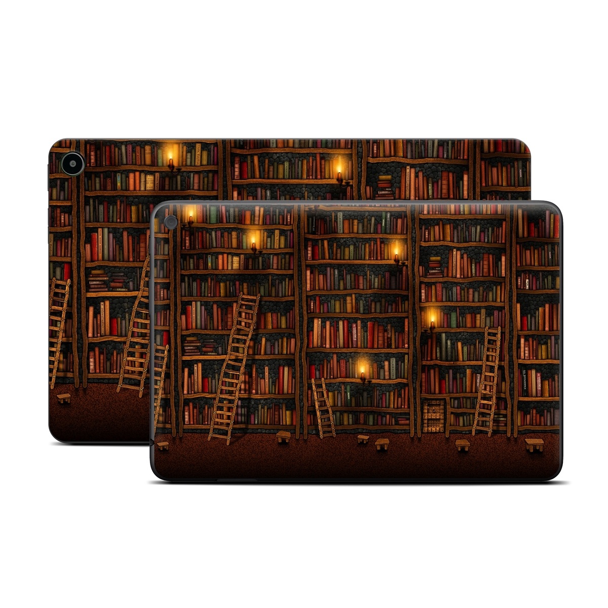 Amazon Fire Tablet Series Skin Skin design of Shelving, Library, Bookcase, Shelf, Furniture, Book, Building, Publication, Room, Darkness, with black, red colors