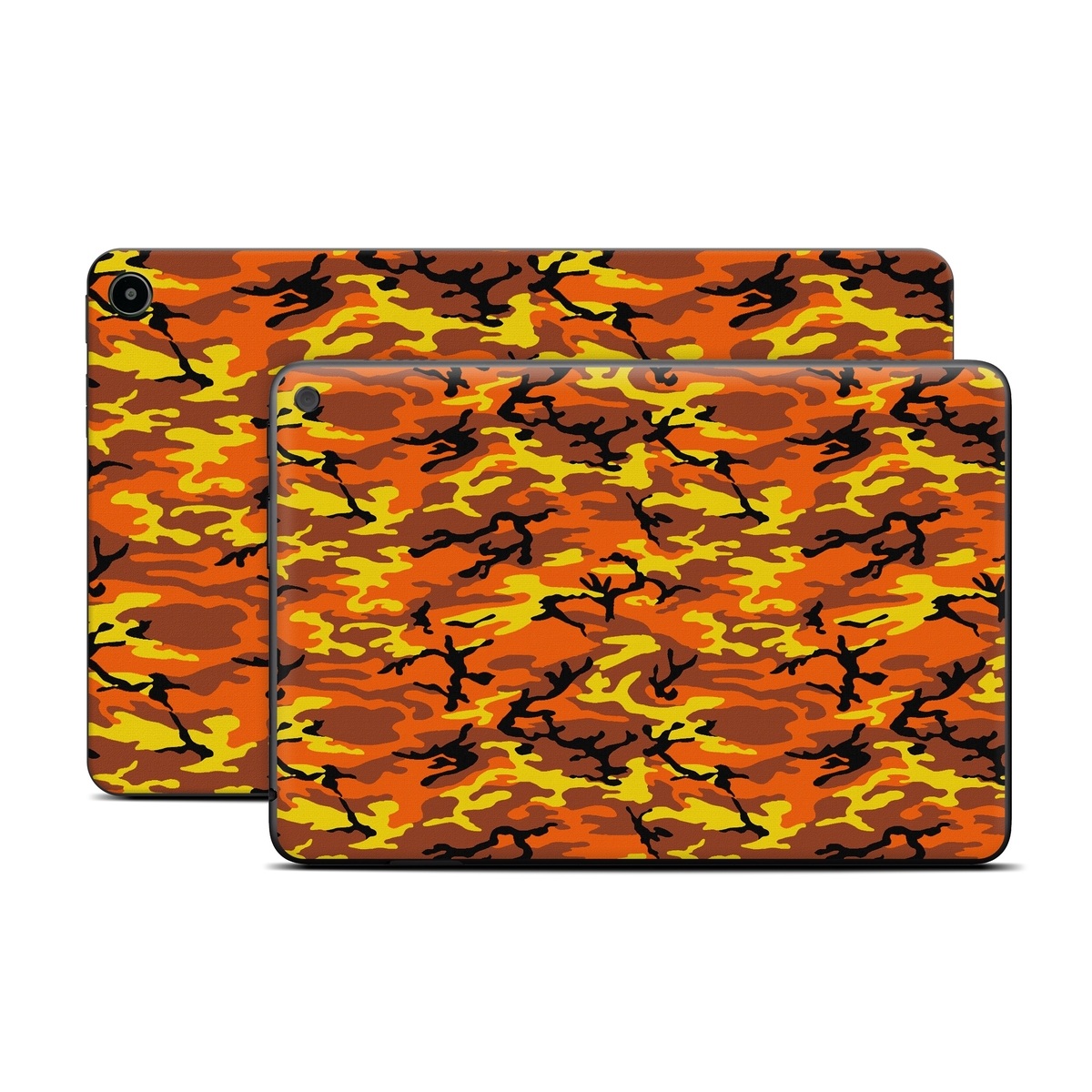 Amazon Fire Tablet Series Skin Skin design of Military camouflage, Orange, Pattern, Camouflage, Yellow, Brown, Uniform, Design, Tree, Wildlife, with red, green, black colors
