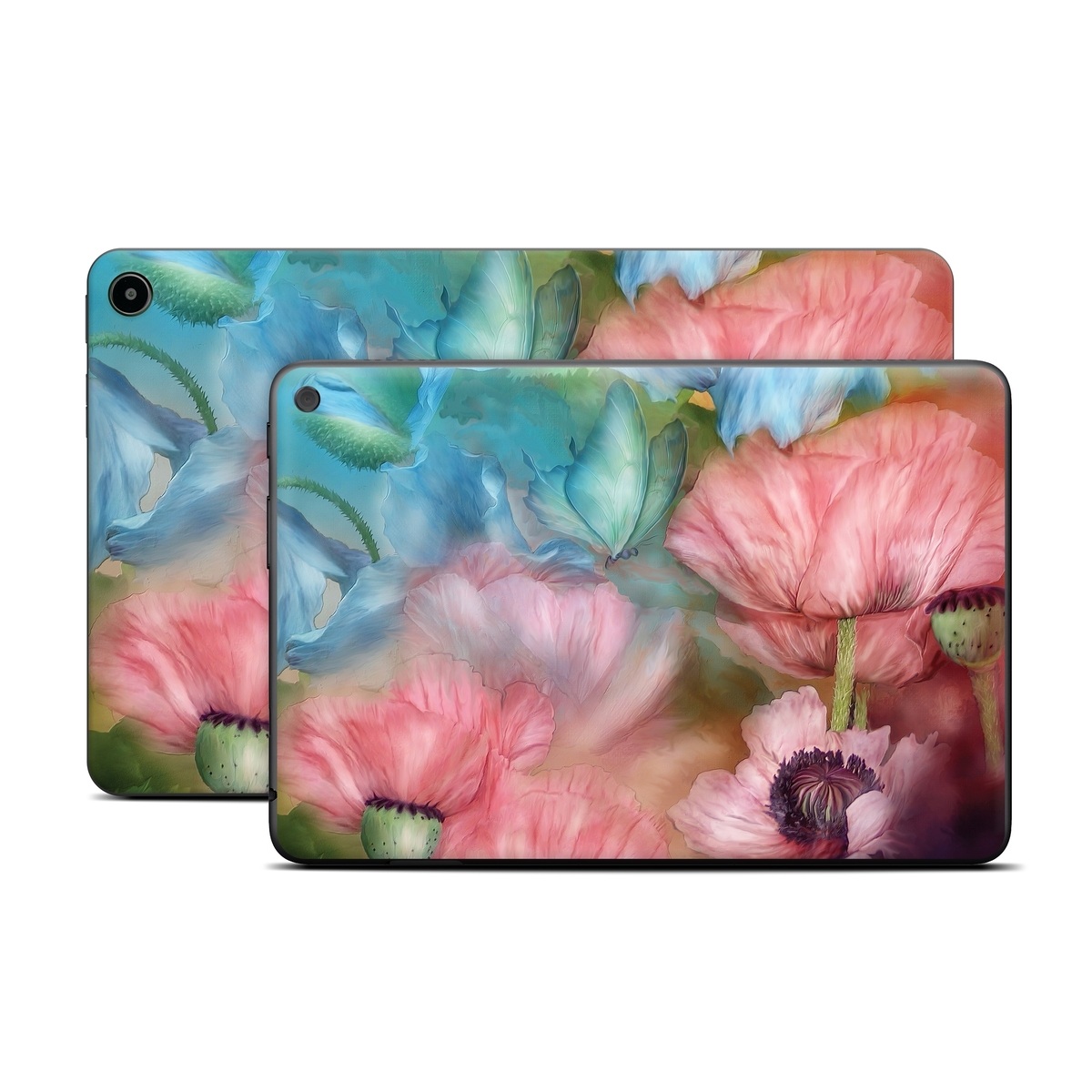 Amazon Fire Tablet Series Skin Skin design of Flower, Petal, Watercolor paint, Painting, Plant, Flowering plant, Pink, Botany, Wildflower, Still life, with gray, blue, black, red, green colors