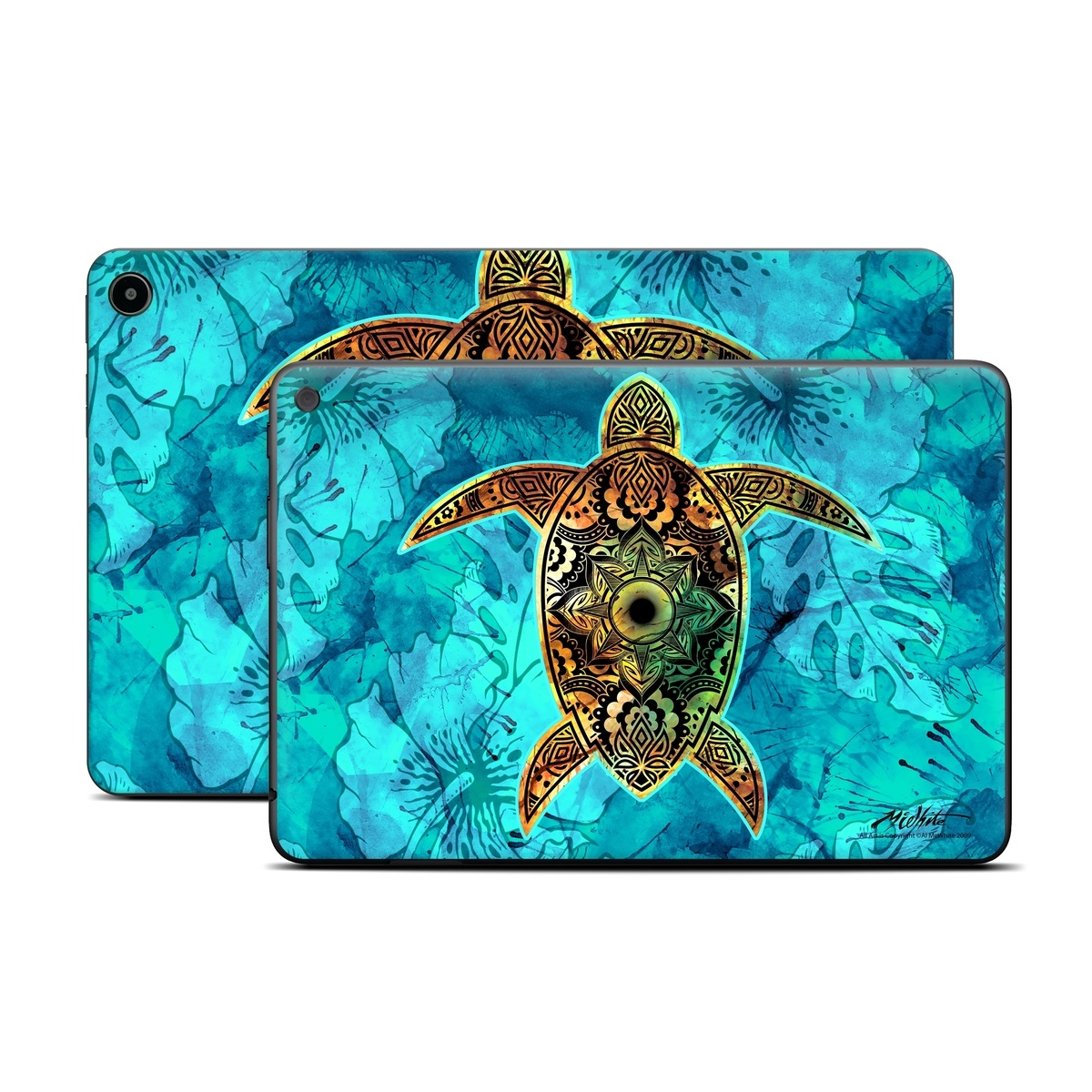 Amazon Fire Tablet Series Skin Skin design of Sea turtle, Green sea turtle, Turtle, Hawksbill sea turtle, Tortoise, Reptile, Loggerhead sea turtle, Illustration, Art, Pattern, with blue, black, green, gray, red colors