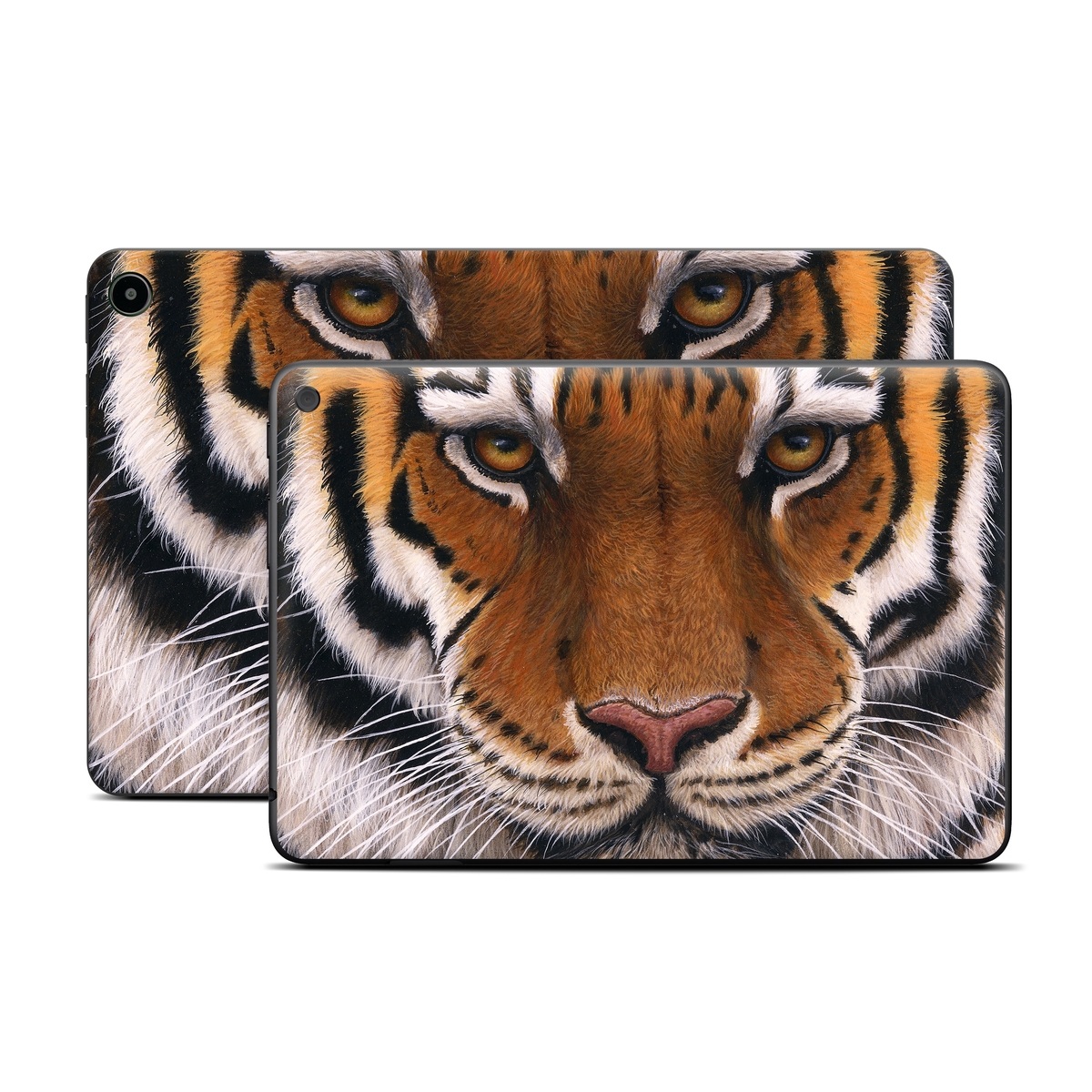 Amazon Fire Tablet Series Skin Skin design of Tiger, Mammal, Wildlife, Terrestrial animal, Vertebrate, Bengal tiger, Whiskers, Siberian tiger, Felidae, Snout, with black, gray, red, green, pink colors
