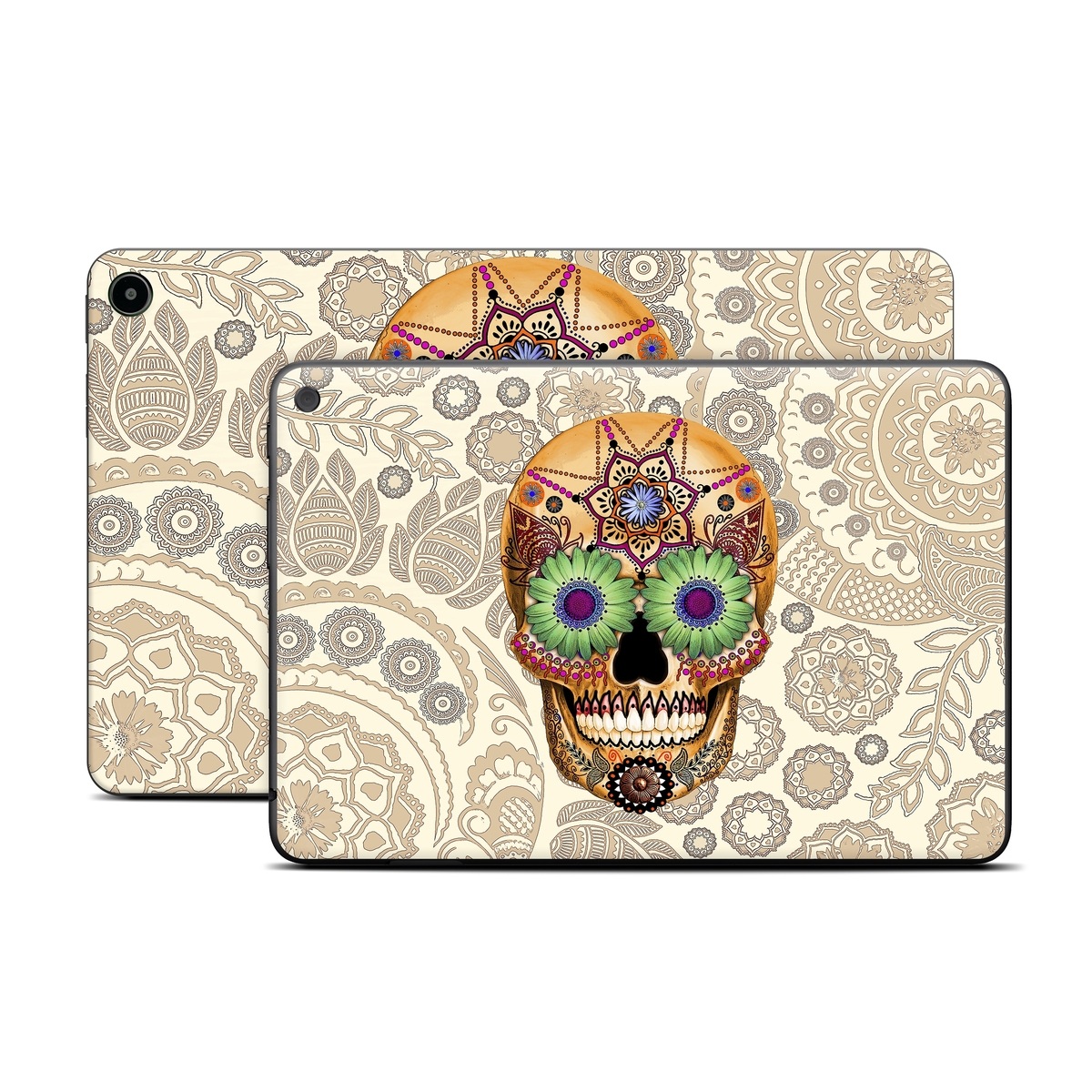Amazon Fire Tablet Series Skin Skin design of Skull, Bone, Pattern, Design, Illustration, Visual arts, Fashion accessory, Art, with gray, yellow, green, black, red, pink colors