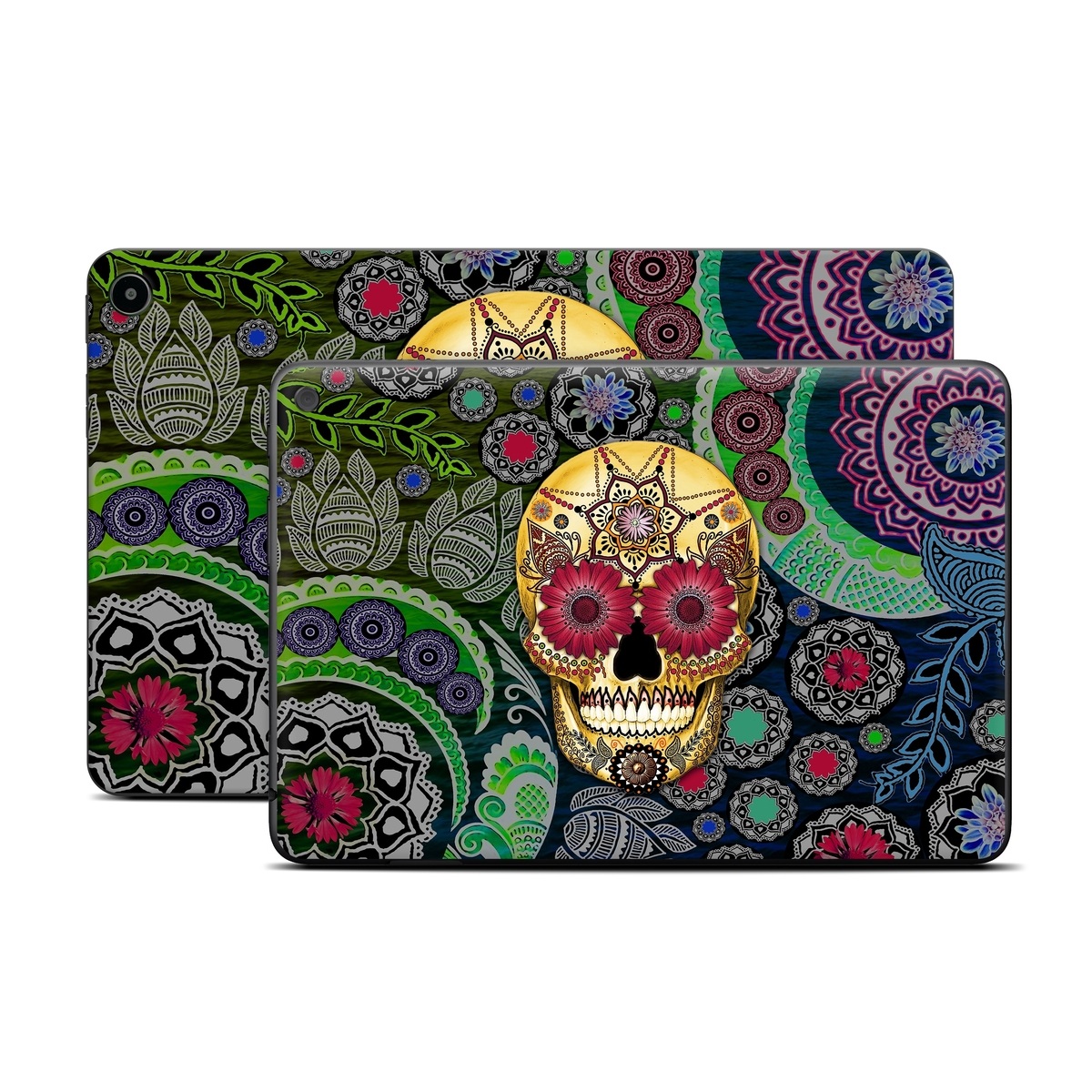 Amazon Fire Tablet Series Skin Skin design of Skull, Bone, Pattern, Psychedelic art, Visual arts, Design, Illustration, Art, Textile, Plant, with black, red, gray, green, blue colors