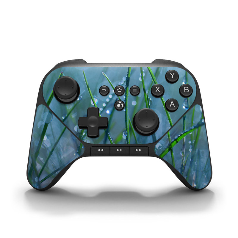 Amazon Fire Game Controller Skin design of Moisture, Dew, Water, Green, Grass, Plant, Drop, Grass family, Macro photography, Close-up, with blue, black, green, gray colors