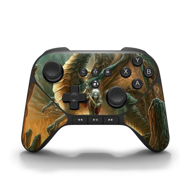 Amazon Fire Game Controller Skin design of Dragon, Cg artwork, Mythology, Fictional character, Mythical creature, Art, Illustration, Cryptid, Sculpture, Demon, with black, green, red, gray, blue colors