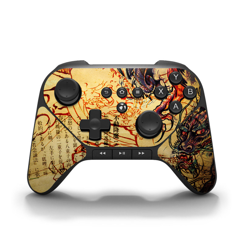 Amazon Fire Game Controller Skin design of Illustration, Fictional character, Art, Demon, Drawing, Visual arts, Dragon, Supernatural creature, Mythical creature, Mythology, with black, green, red, gray, pink, orange colors
