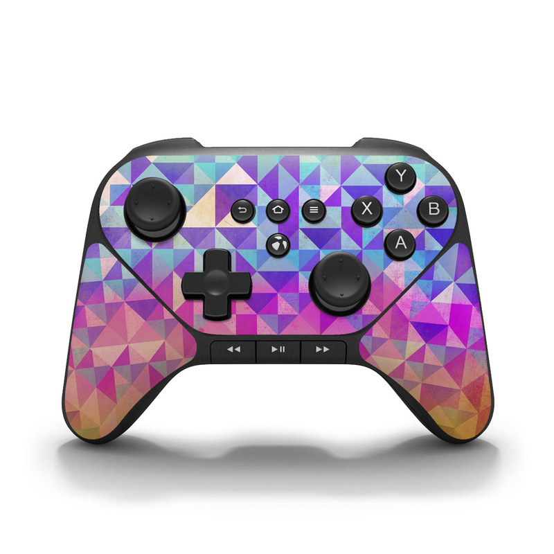 Amazon Fire Game Controller Skin design of Pattern, Purple, Triangle, Violet, Magenta, Line, Design, Symmetry, Psychedelic art, with gray, purple, green, blue, pink colors