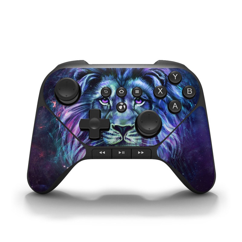 Amazon Fire Game Controller Skin design of Lion, Felidae, Purple, Wildlife, Big cats, Illustration, Darkness, Space, Painting, Art, with purple, blue, green, black, white, red colors