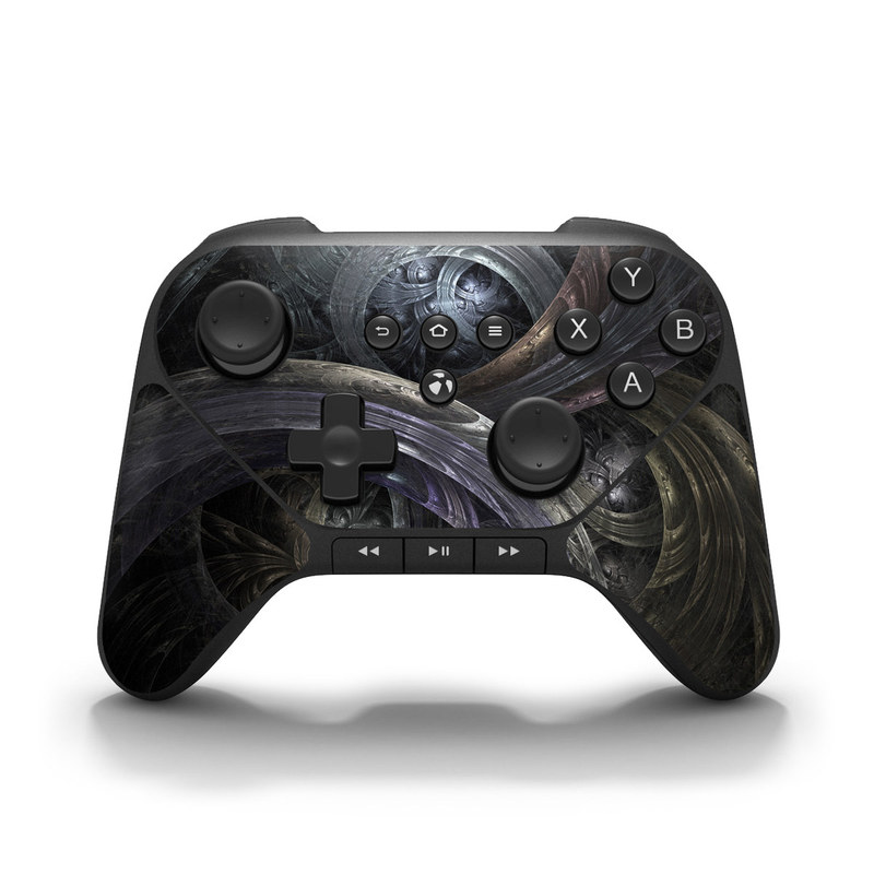 Amazon Fire Game Controller Skin design of Fractal art, Graphic design, Art, Cg artwork, Darkness, Circle, Pattern, Illustration, Graphics, Metal, with black, gray, blue colors