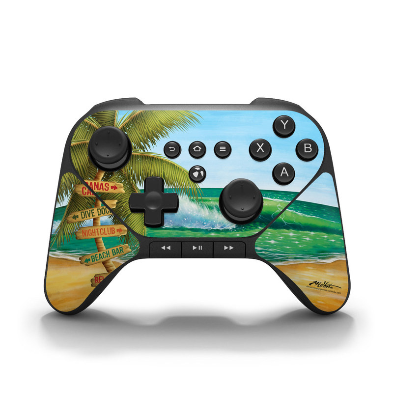 Amazon Fire Game Controller Skin design of Palm tree, Arecales, Tropics, Tree, Caribbean, Wave, Water, Coconut, Ocean, Elaeis, with green, purple, gray, black, blue colors