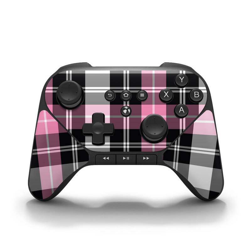 Amazon Fire Game Controller Skin design of Plaid, Tartan, Pattern, Pink, Purple, Violet, Line, Textile, Magenta, Design, with black, gray, pink, red, white, purple colors