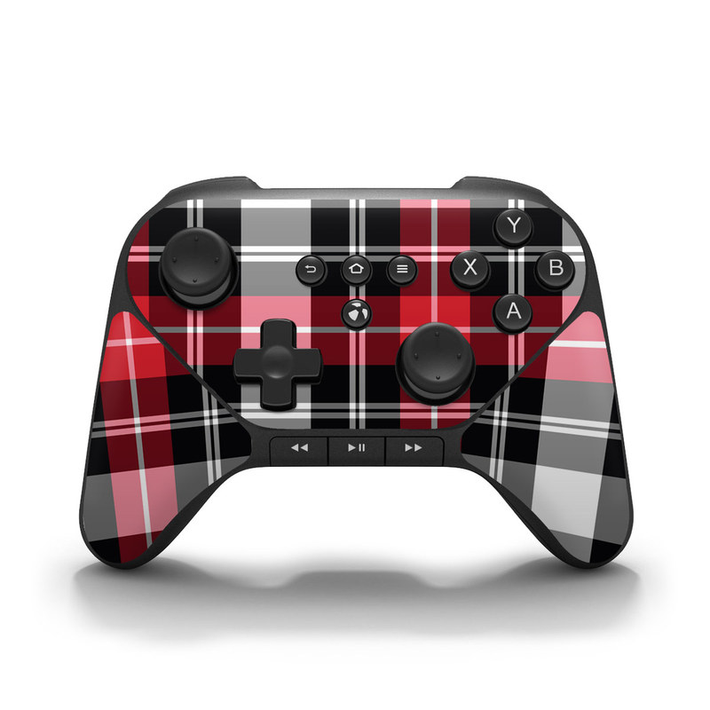 Amazon Fire Game Controller Skin design of Plaid, Tartan, Pattern, Red, Textile, Design, Line, Pink, Magenta, Square, with black, gray, pink, red, white colors