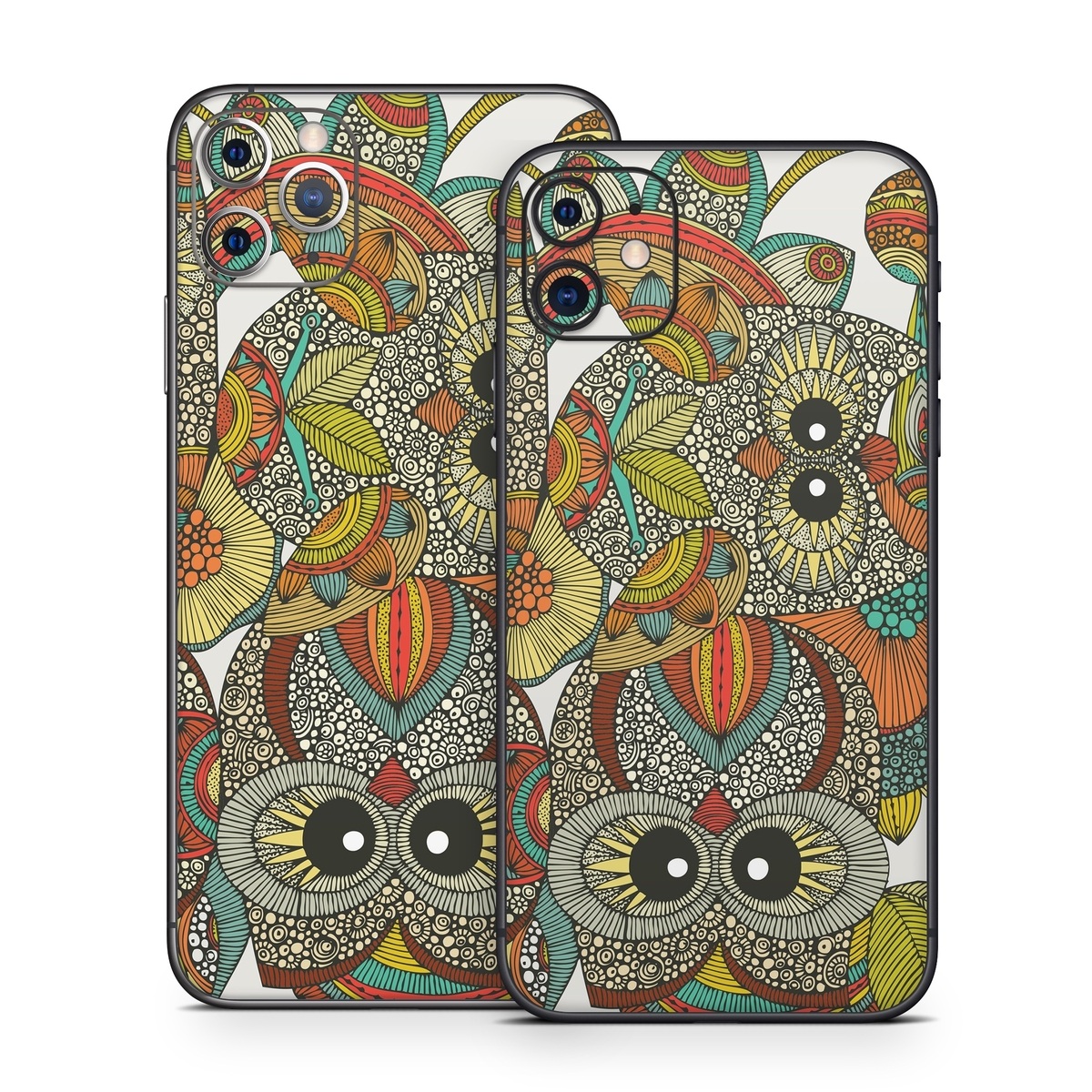 iPhone 11 Series Skin design of Owl, Pattern, Visual arts, Art, Design, Textile, Illustration, Motif, Bird, with white, green, orange, yellow, blue, red colors