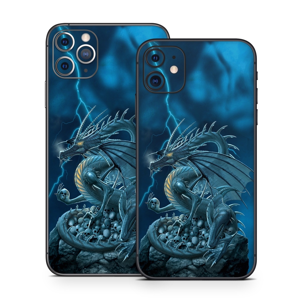 iPhone 11 Series Skin design of Cg artwork, Dragon, Mythology, Fictional character, Illustration, Mythical creature, Art, Demon, with blue, yellow colors