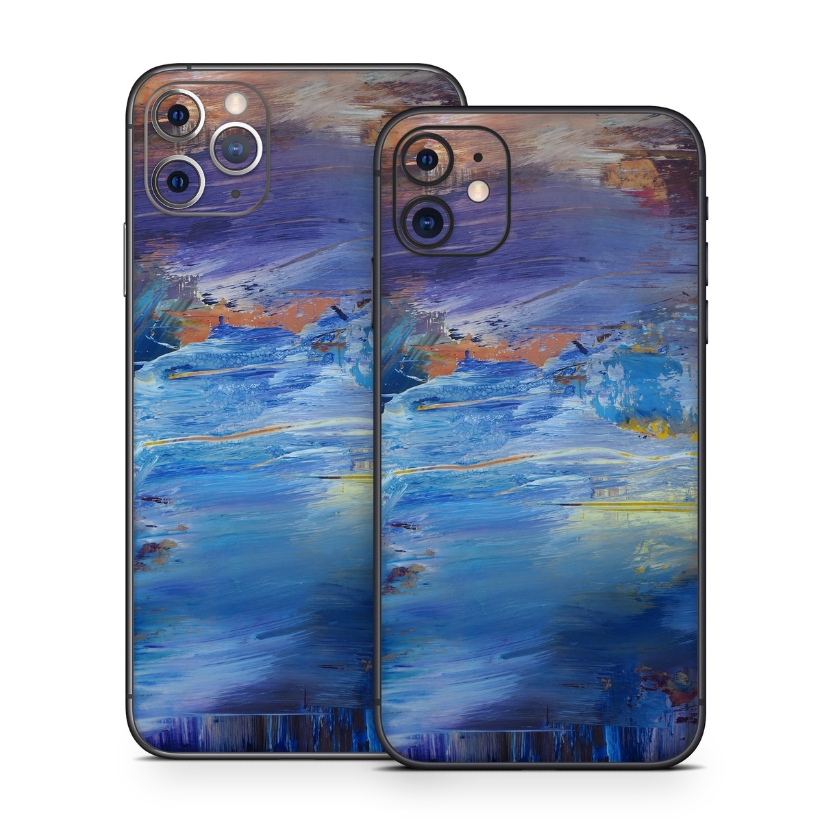 iPhone 11 Series Skin design of Painting, Blue, Modern art, Acrylic paint, Sky, Watercolor paint, Art, Visual arts, Paint, Electric blue, with blue, purple, yellow, brown, orange, black colors