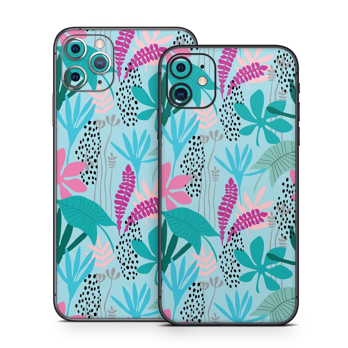 iPhone 11 Series Skin design of White, Leaf, Botany, Green, Textile, Branch, Organism, Plant, Font, Pink, with blue, green, pink, purple, black, gray colors