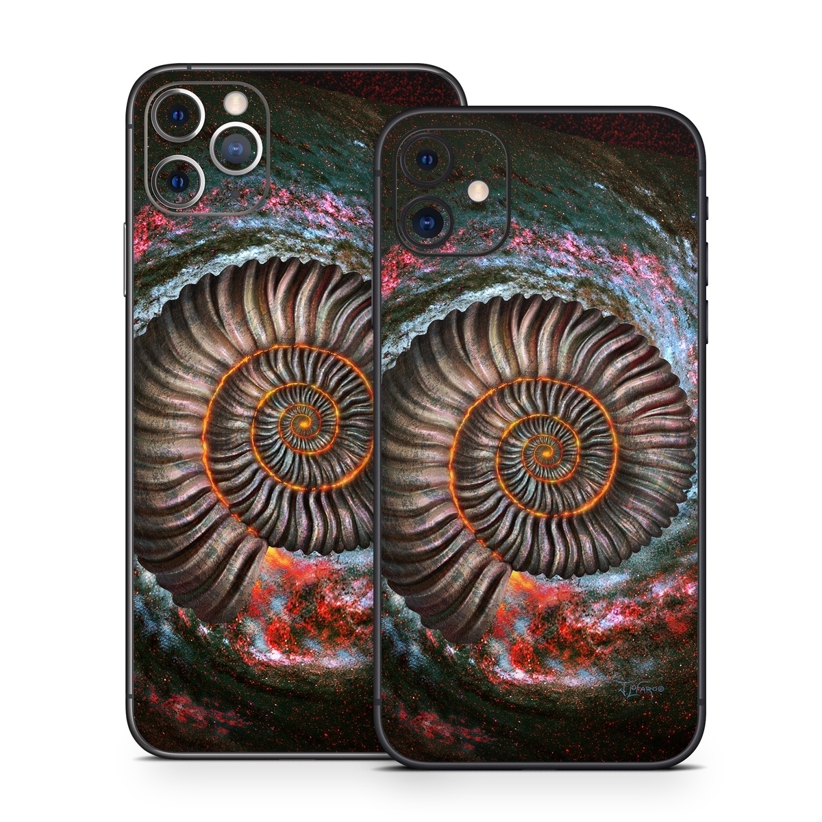 iPhone 11 Series Skin design of Spiral, Fractal art, Vortex, Circle, Art, Ammonoidea, with black, brown, red, white, blue, green colors