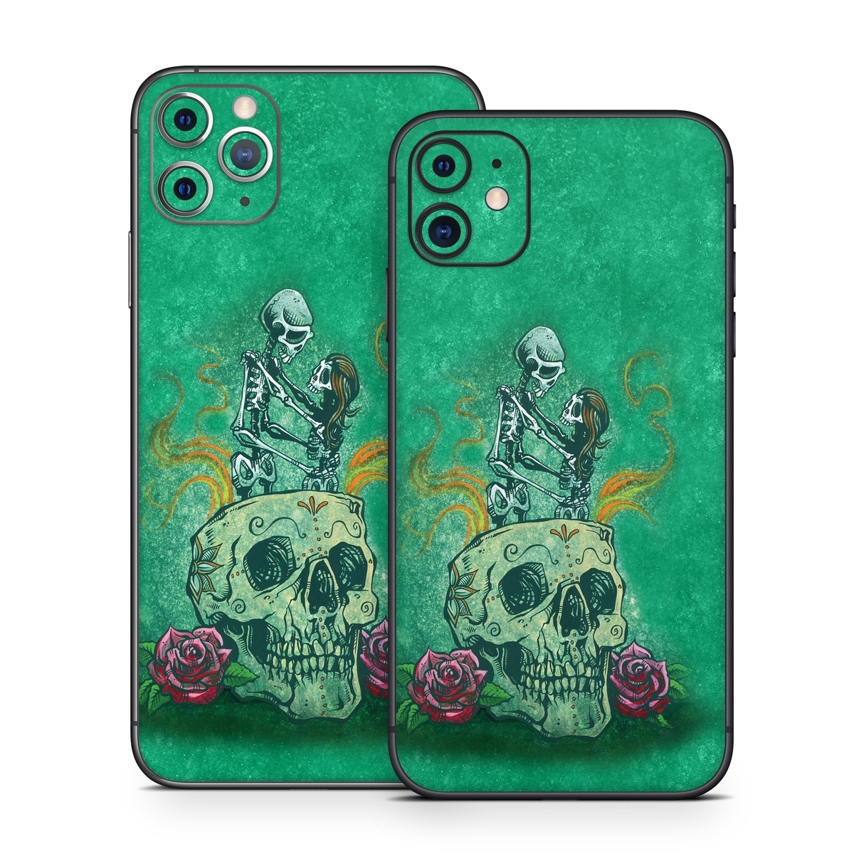 iPhone 11 Series Skin design of Bone, Skull, Aqua, Pattern, Electric blue, Fashion accessory, Font, Fictional character, Art, Grass, with green, pink, red, yellow, orange, white, gray colors
