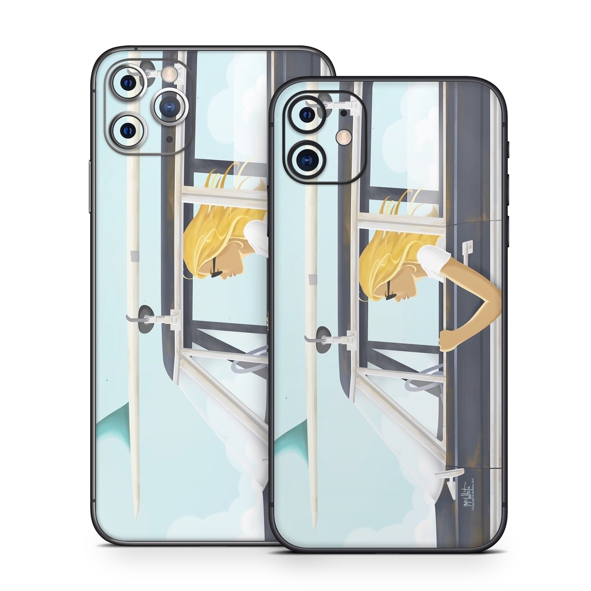 iPhone 11 Series Skin design of Vehicle door, Vehicle, Automotive exterior, Automotive design, Car, Headgear, Windshield, Dress, Automotive window part, Family car, with blue, white, gray, yellow colors