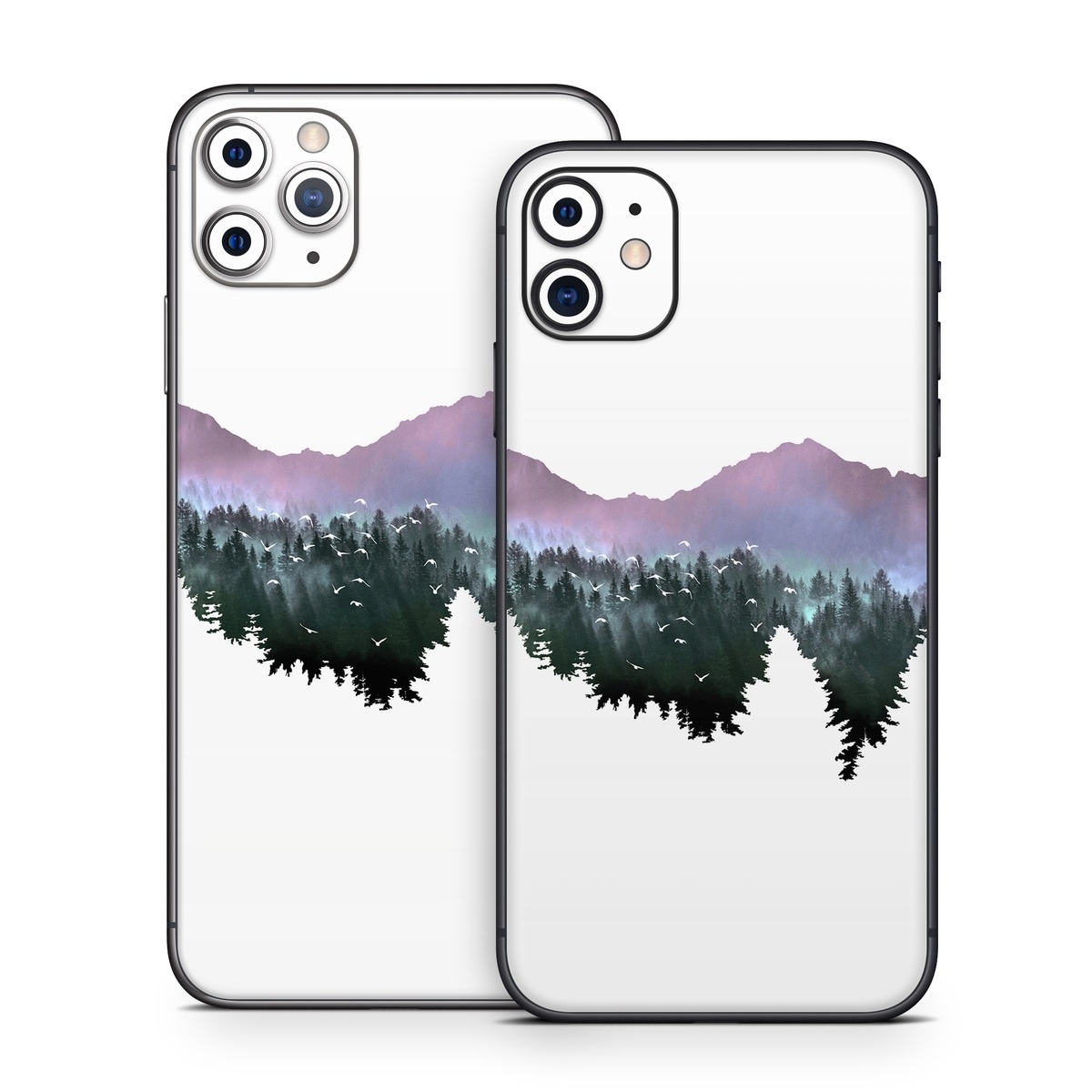 iPhone 11 Series Skin design of Nature, Mountainous landforms, Mountain, Atmospheric phenomenon, Tree, Wilderness, Sky, Mountain range, Forest, Hill, with white, black, purple, blue, green colors