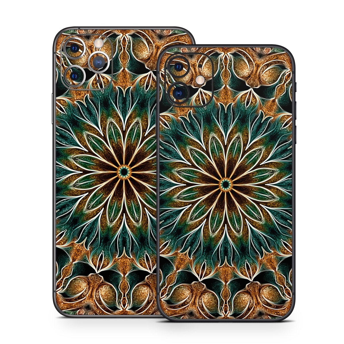 iPhone 11 Series Skin design of Pattern, Symmetry, Textile, Art, Psychedelic art, Tapestry, Design, Visual arts, Kaleidoscope, Motif, with green, orange, yellow, brown, red colors