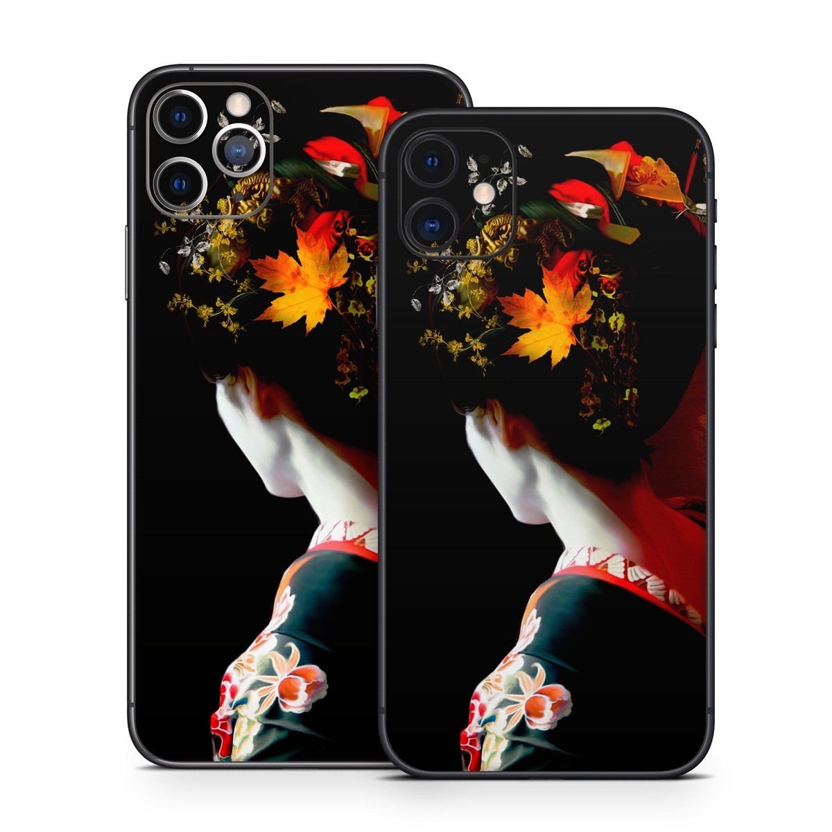 iPhone 11 Series Skin design of Geisha, Red, Flower, Plant, Headgear, Photography, Peking opera, Costume, Headpiece, Art, with black, red, orange, yellow, white colors