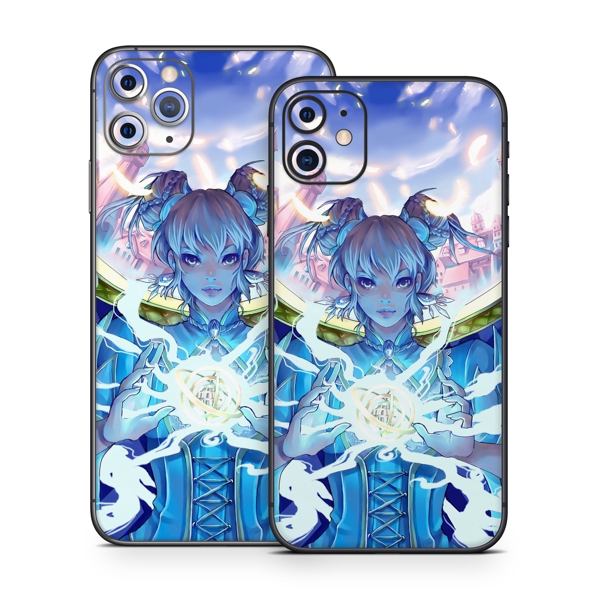 iPhone 11 Series Skin design of Cg artwork, Anime, Cartoon, Sky, Long hair, Illustration, Fictional character, Black hair, Art, with blue, purple, pink, white, yellow colors