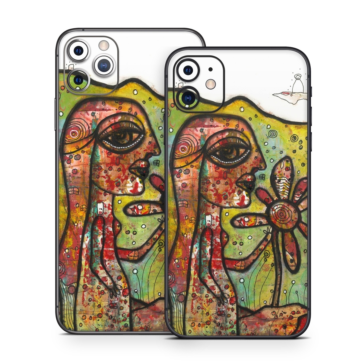 iPhone 11 Series Skin design of Modern art, Art, Painting, Acrylic paint, Psychedelic art, Visual arts, Watercolor paint, Illustration, Paint, Style, with green, black, red, white, orange, yellow colors