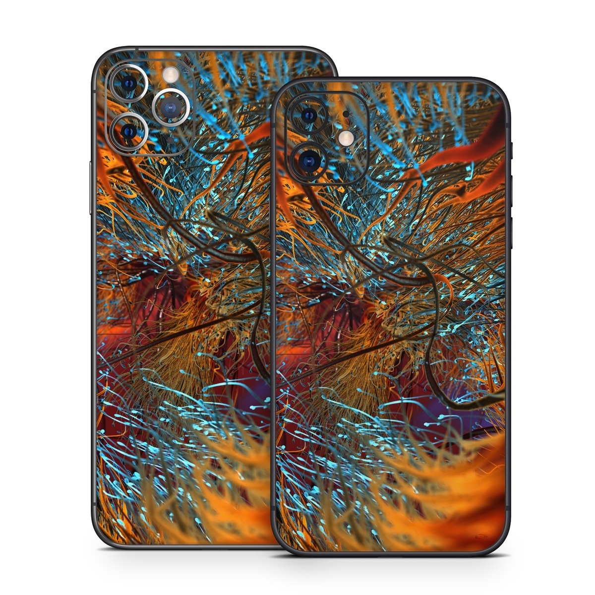 iPhone 11 Series Skin design of Orange, Tree, Electric blue, Organism, Fractal art, Plant, Art, Graphics, Space, Psychedelic art, with orange, blue, red, yellow, purple colors