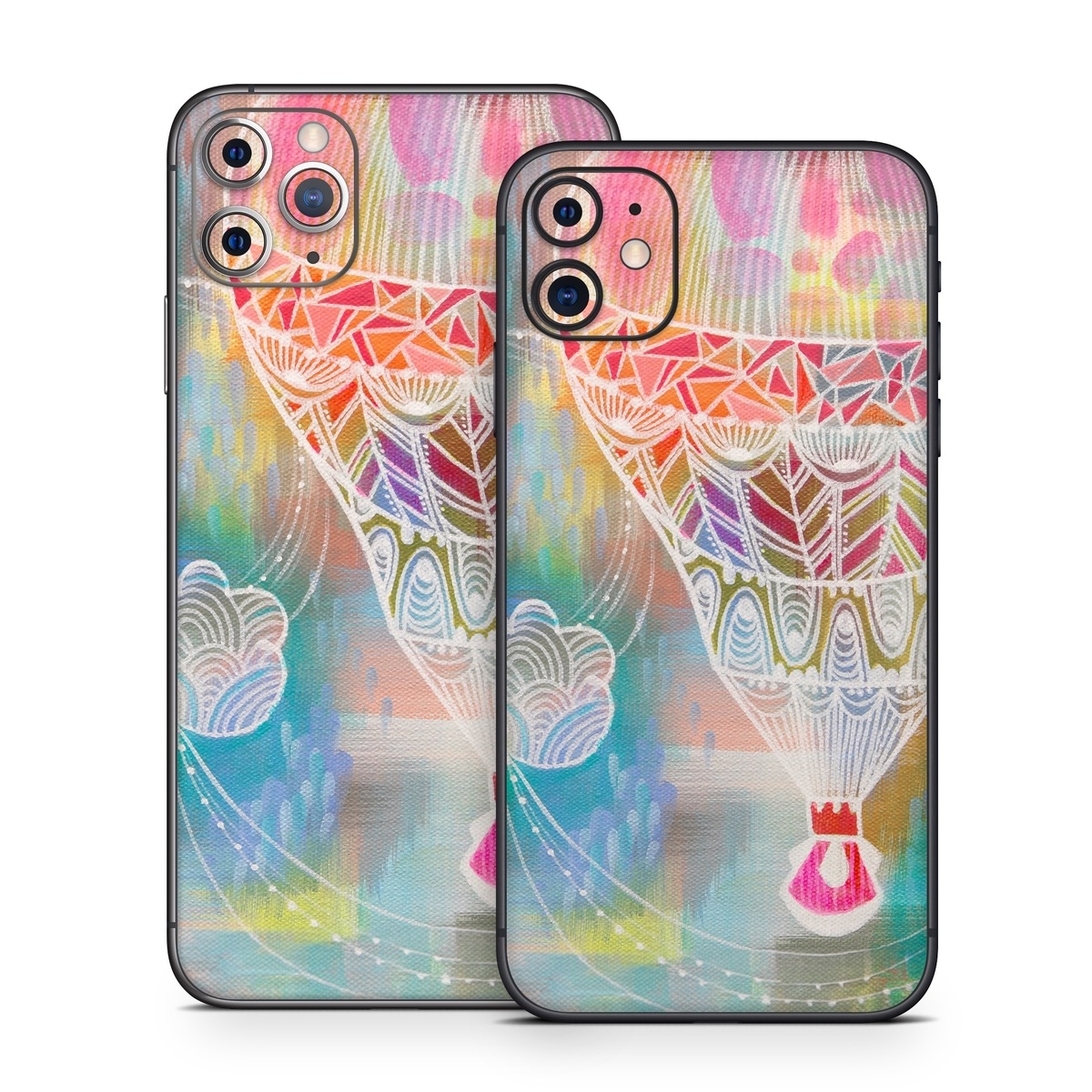 iPhone 11 Series Skin design of Hot air balloon, Balloon, Illustration, Pattern, Vehicle, Aerostat, Hot air ballooning, Graphic design, Art, with blue, red, yellow, pink, white colors