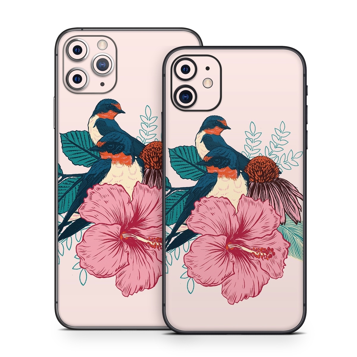 iPhone 11 Series Skin design of Bird, Hawaiian hibiscus, Hibiscus, Illustration, Chinese hibiscus, Botany, Flower, Plant, Malvales, Mallow family, with blue, pink, green, yellow, red colors