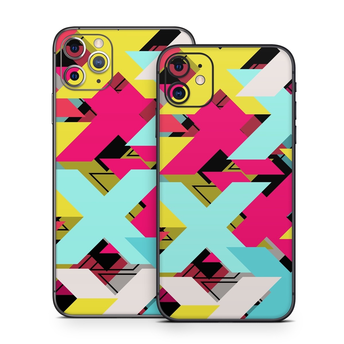 iPhone 11 Series Skin design of Pattern, Graphic design, Line, Design, Triangle, Font, Illustration, Magenta, Visual arts, with yellow, blue, white, black, red, pink colors