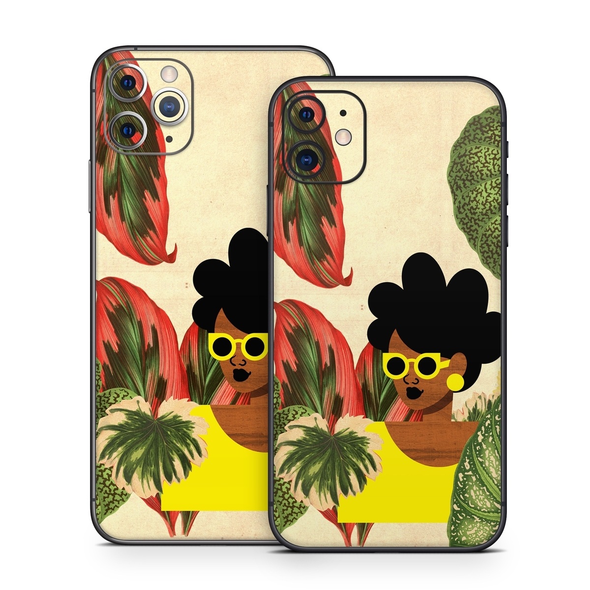 iPhone 11 Series Skin design of Illustration, Plant, Botany, Organism, Leaf, Art, Animation, Grass, Flower, Perennial plant, with green, black, brown, yellow, red colors