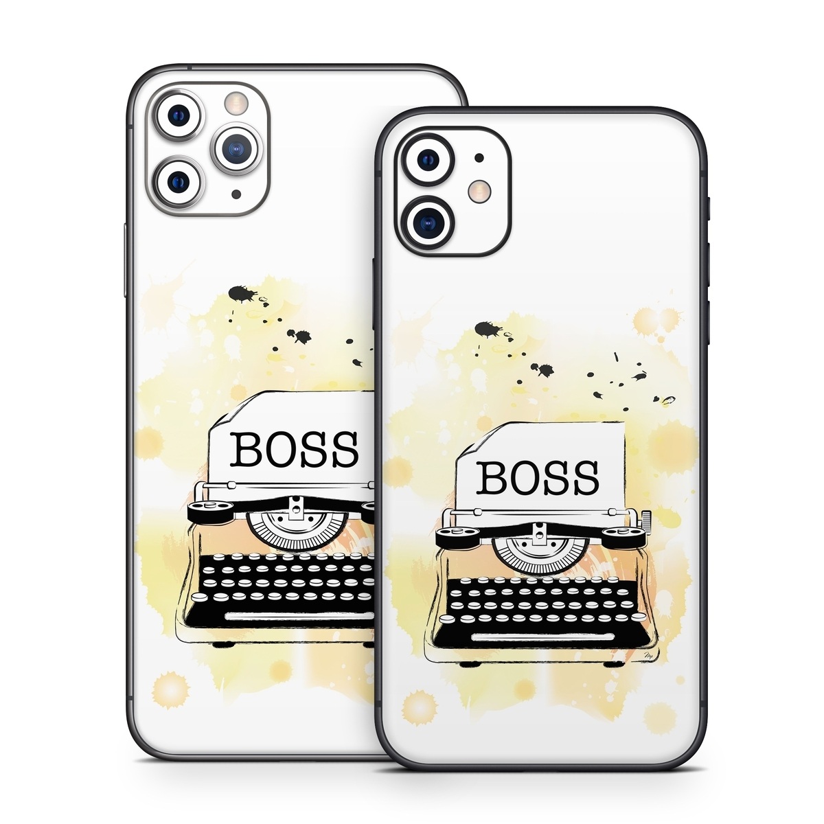 iPhone 11 Series Skin design of Font, Office equipment, Art, Typewriter, Illustration, Graphics, Painting, Eyelash, Logo, Line art, with white, black, yellow, orange colors