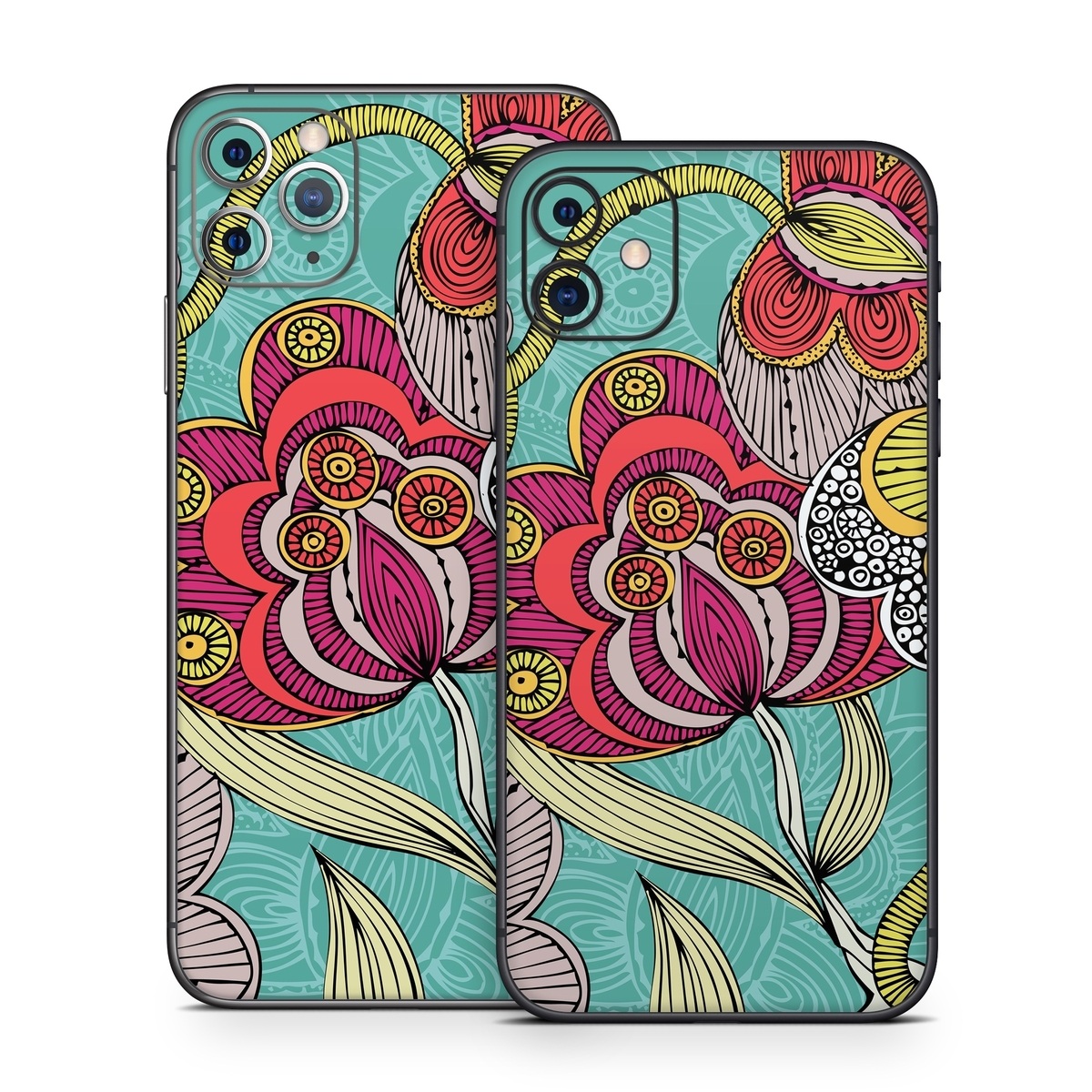 iPhone 11 Series Skin design of Pattern, Visual arts, Motif, Floral design, Design, Art, Plant, Flower, Organism, Textile, with red, yellow, blue, gray, pink colors