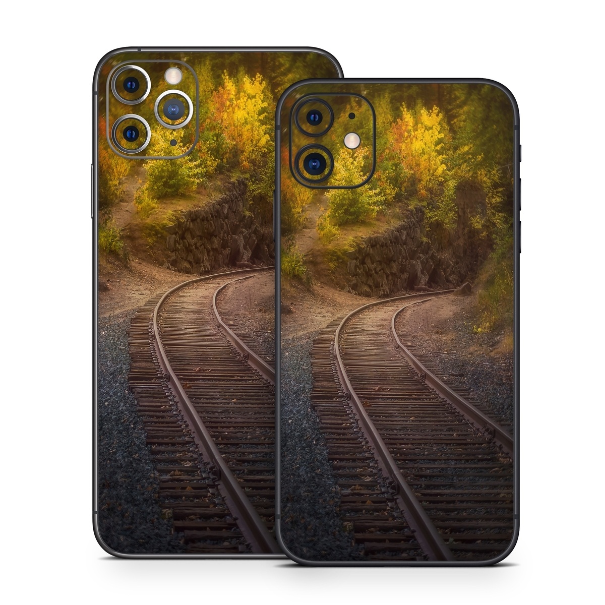 iPhone 11 Series Skin design of Plant, Wood, Branch, Natural landscape, Road surface, Track, Grass, Tree, Thoroughfare, Twig, with brown, gray, yellow, orange, green, red colors