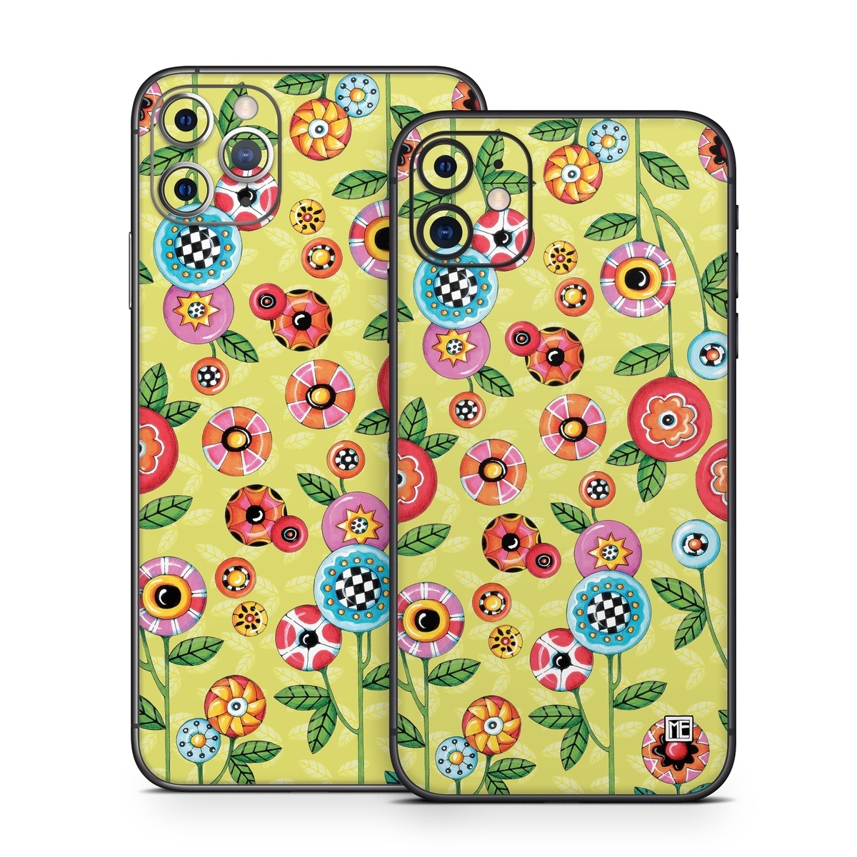 iPhone 11 Series Skin design of Wrapping paper, Pattern, Textile, Design, Visual arts, Wildflower, Art, Plant, Child art, Flower, with green, blue, red, yellow, orange, pink colors
