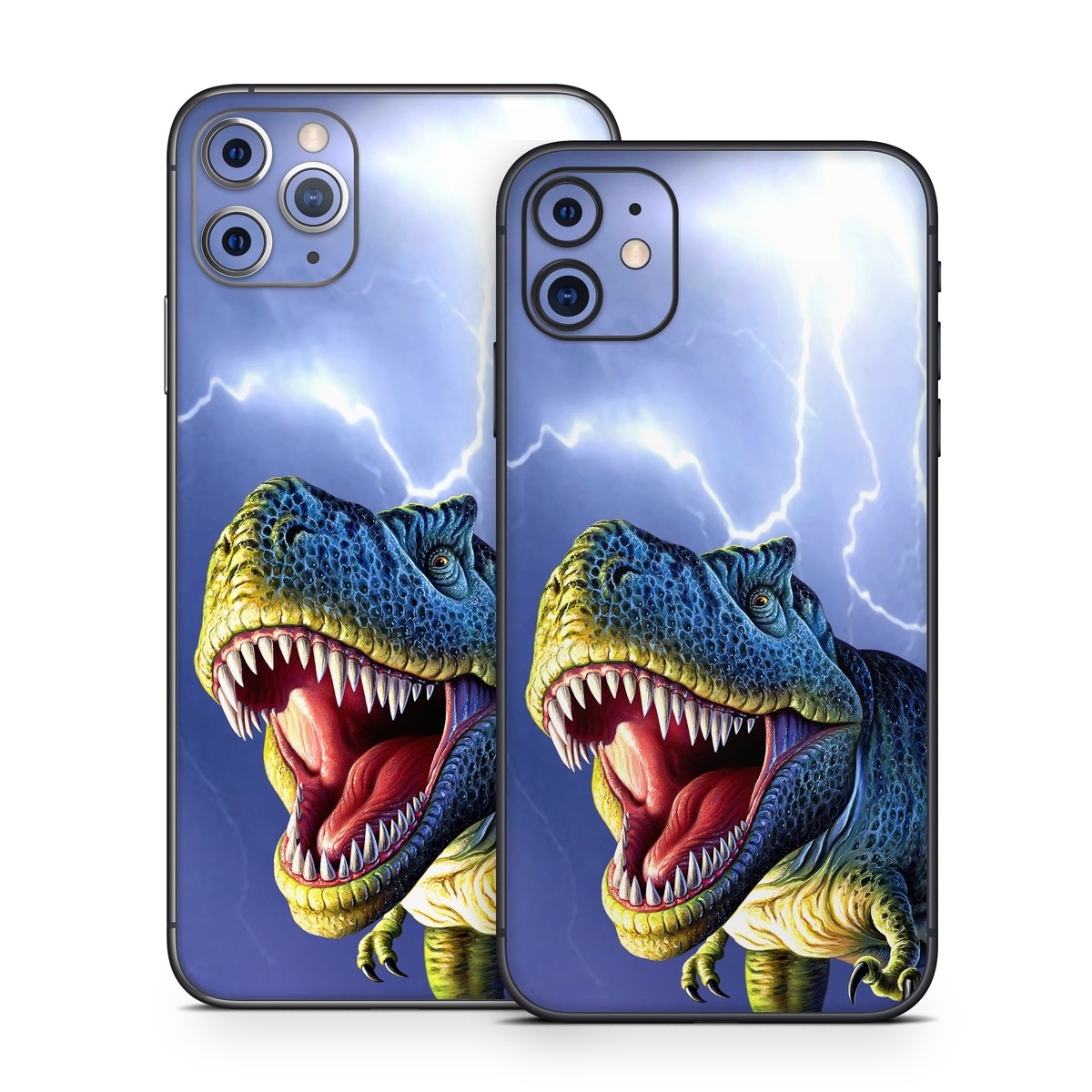 iPhone 11 Series Skin design of Dinosaur, Extinction, Tyrannosaurus, Velociraptor, Tooth, Jaw, Organism, Mouth, Fictional character, Art, with blue, green, yellow, orange, red colors