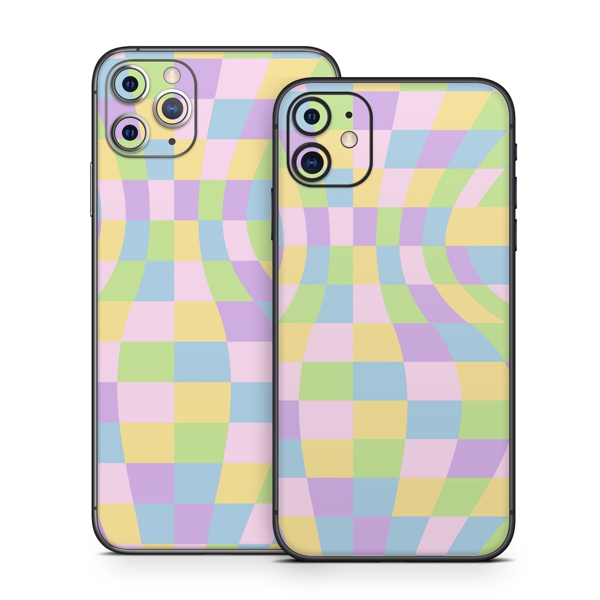 iPhone 11 Series Skin design of Rectangle, Azure, Textile, Art, Painting, Violet, Pink, Font, Aqua, Material property, with pink, yellow, purple, blue, green colors