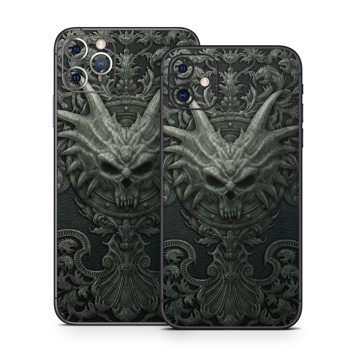 iPhone 11 Series Skin design of Demon, Dragon, Fictional character, Illustration, Supernatural creature, Drawing, Symmetry, Art, Mythology, Mythical creature, with black, gray colors