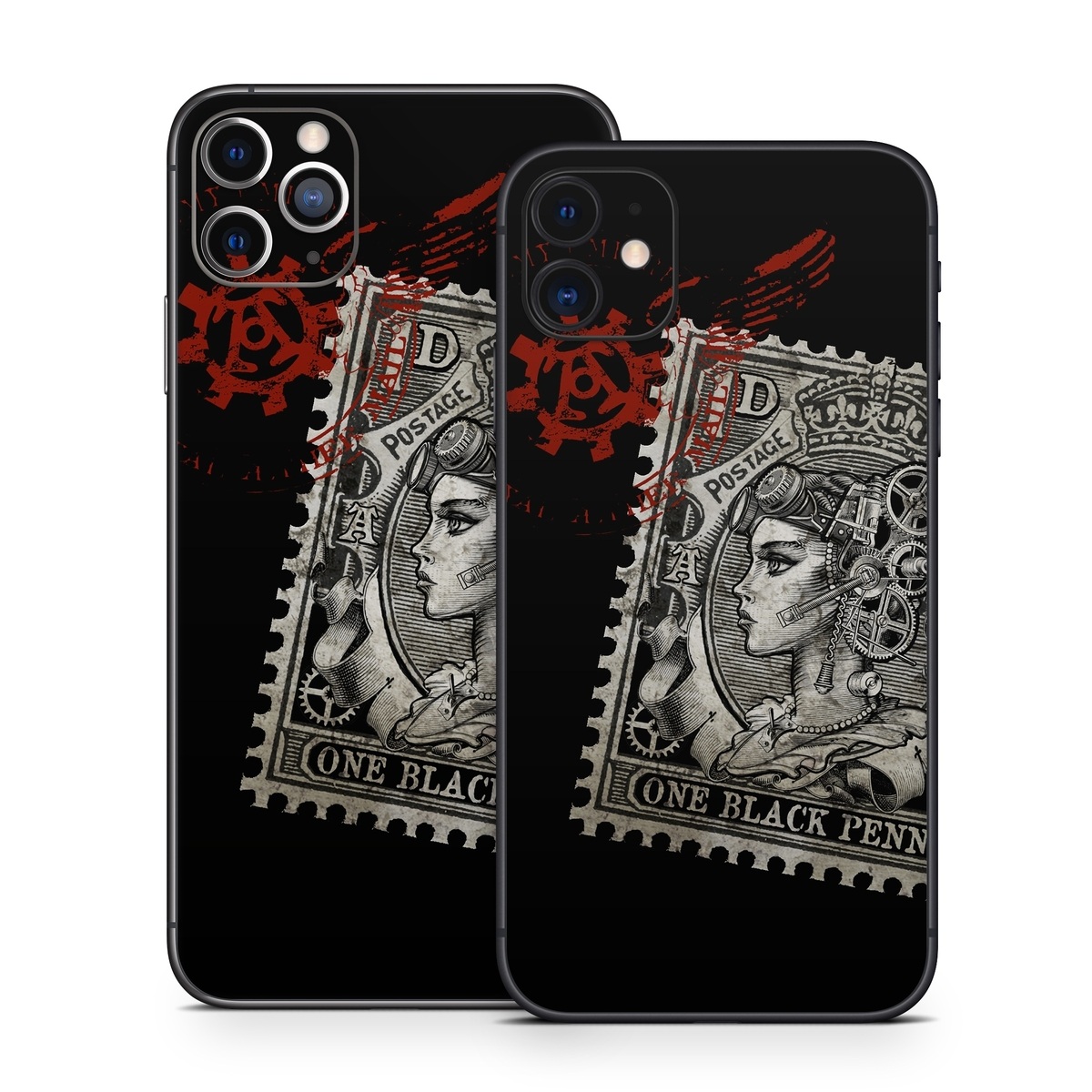 iPhone 11 Series Skin design of Font, Postage stamp, Illustration, Drawing, Art, with black, gray, red colors