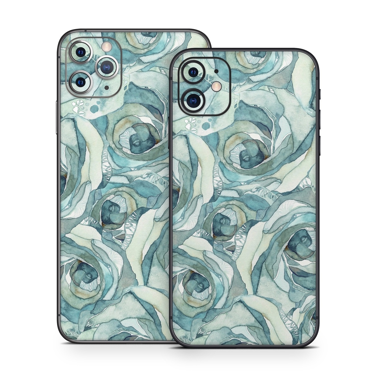 iPhone 11 Series Skin design of Rose, Garden roses, Blue, Flower, Rose family, Watercolor paint, Plant, Pattern, Rosa × centifolia, Blue rose, with blue, green colors