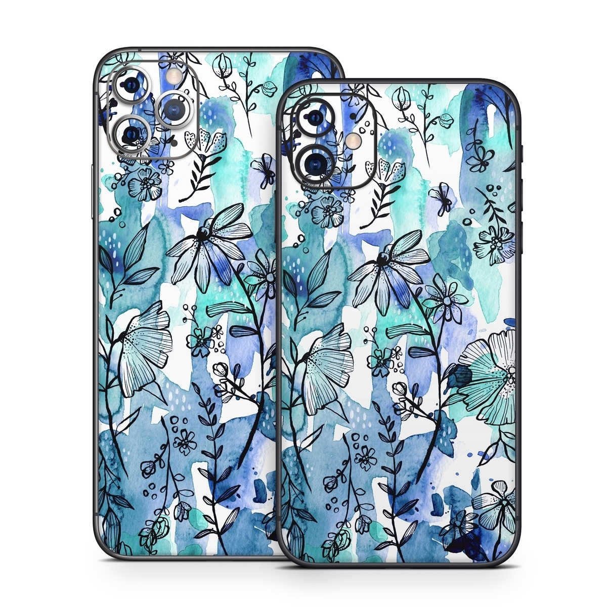 iPhone 11 Series Skin design of Blue, Pattern, Turquoise, Aqua, Design, Textile, Wildflower, Plant, Wrapping paper, Gift wrapping, with blue, white, black, purple colors