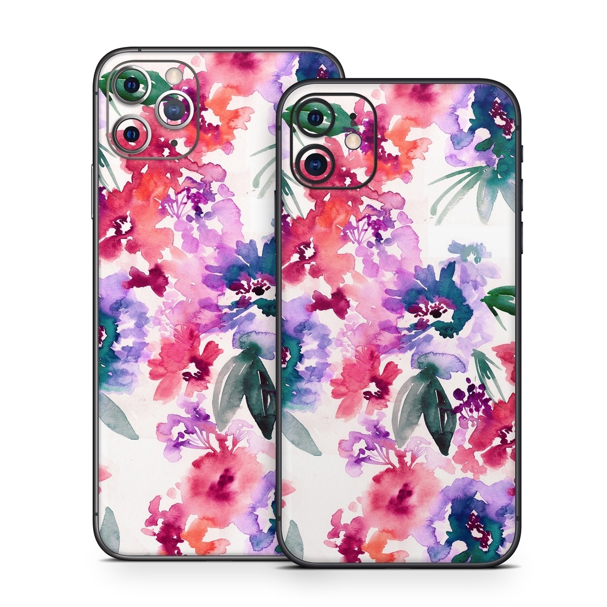 iPhone 11 Series Skin design of Purple, Pattern, Pink, Lilac, Violet, Flower, Watercolor paint, Floral design, Plant, Design, with green, pink, red, purple, white colors