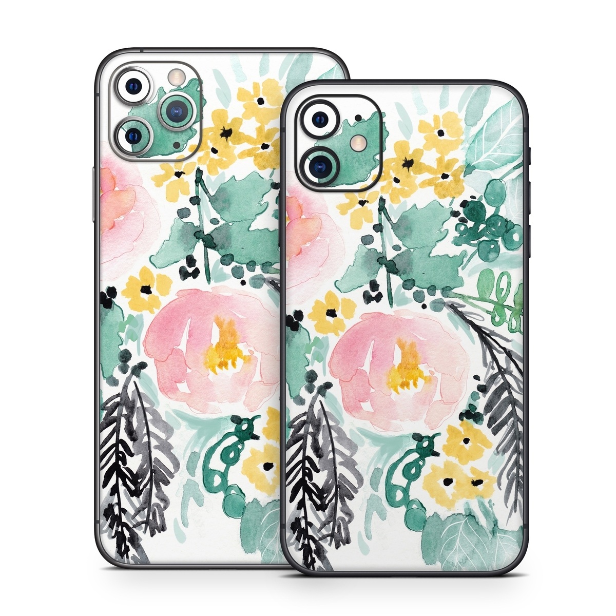 iPhone 11 Series Skin design of Branch, Clip art, Watercolor paint, Flower, Leaf, Botany, Plant, Illustration, Design, Graphics, with green, pink, red, orange, yellow colors