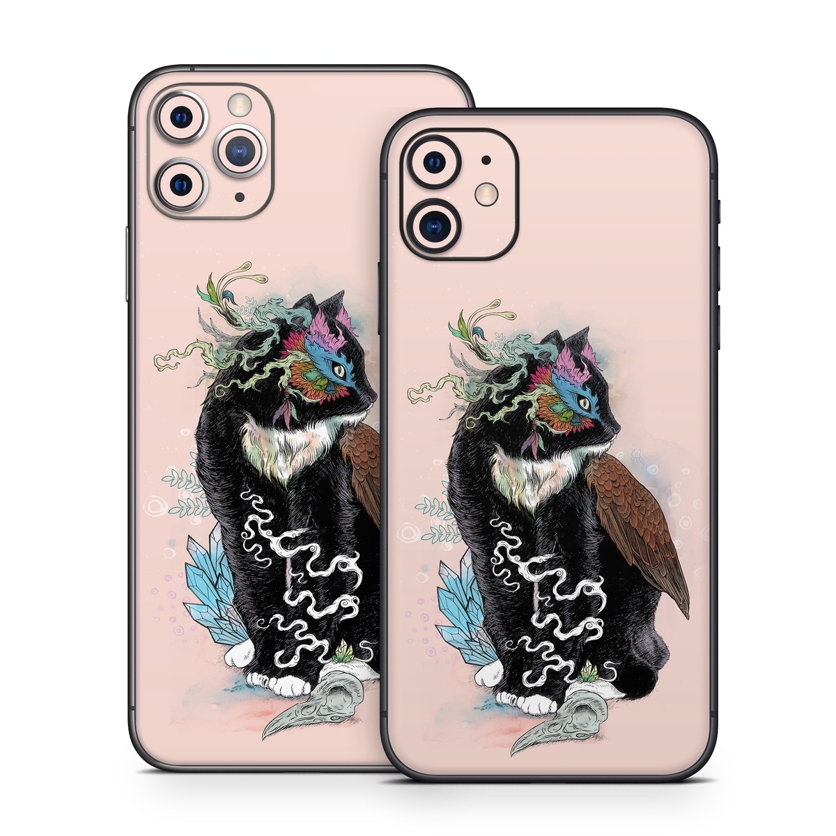 iPhone 11 Series Skin design of Illustration, Owl, Art, Graphic design, Cat, Tail, with pink, black, brown, red, green colors