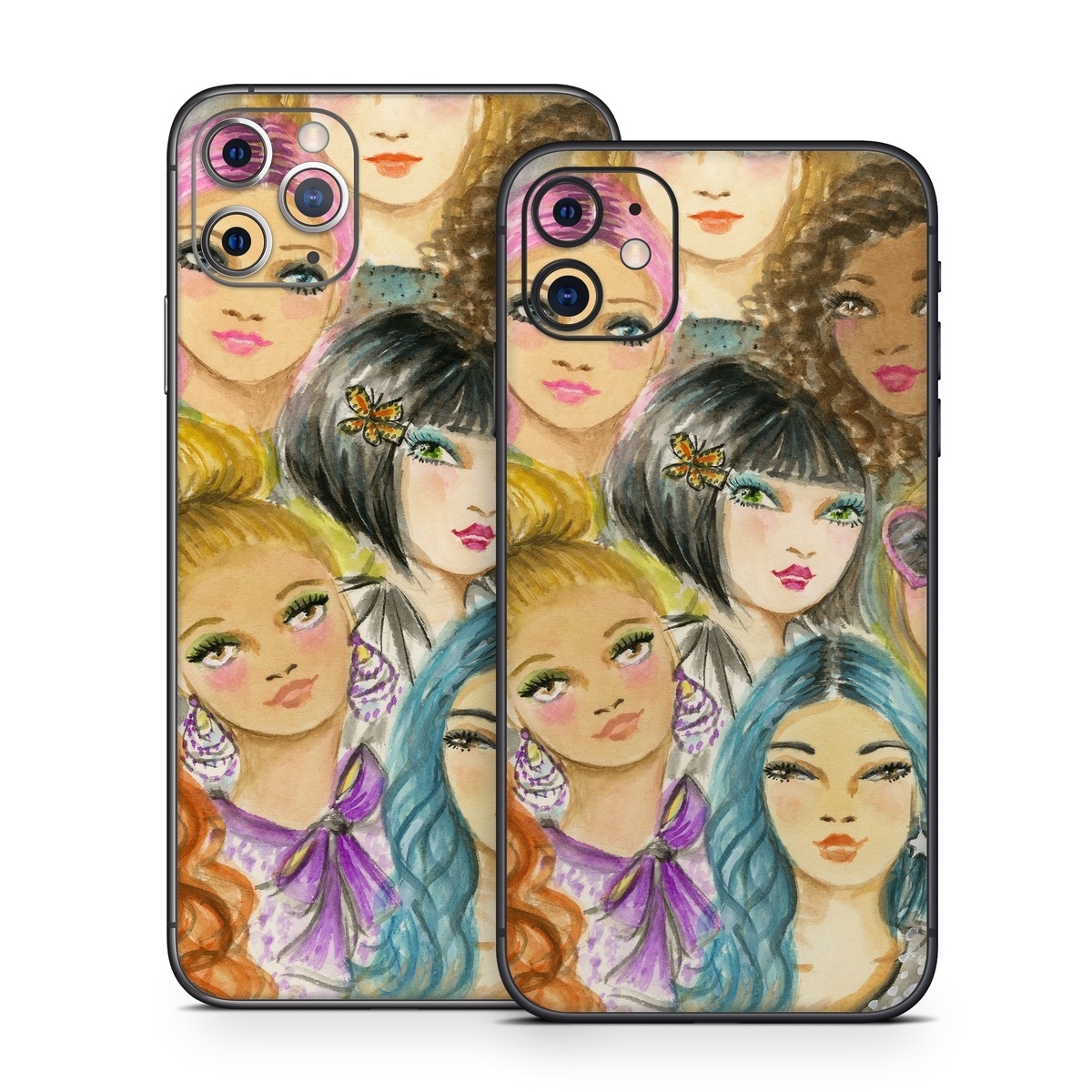 iPhone 11 Series Skin design of Face, Hair, Head, Art, Hair coloring, Cheek, Illustration, Human, Watercolor paint, Brown hair, with white, black, brown, yellow, purple, blue, pink colors
