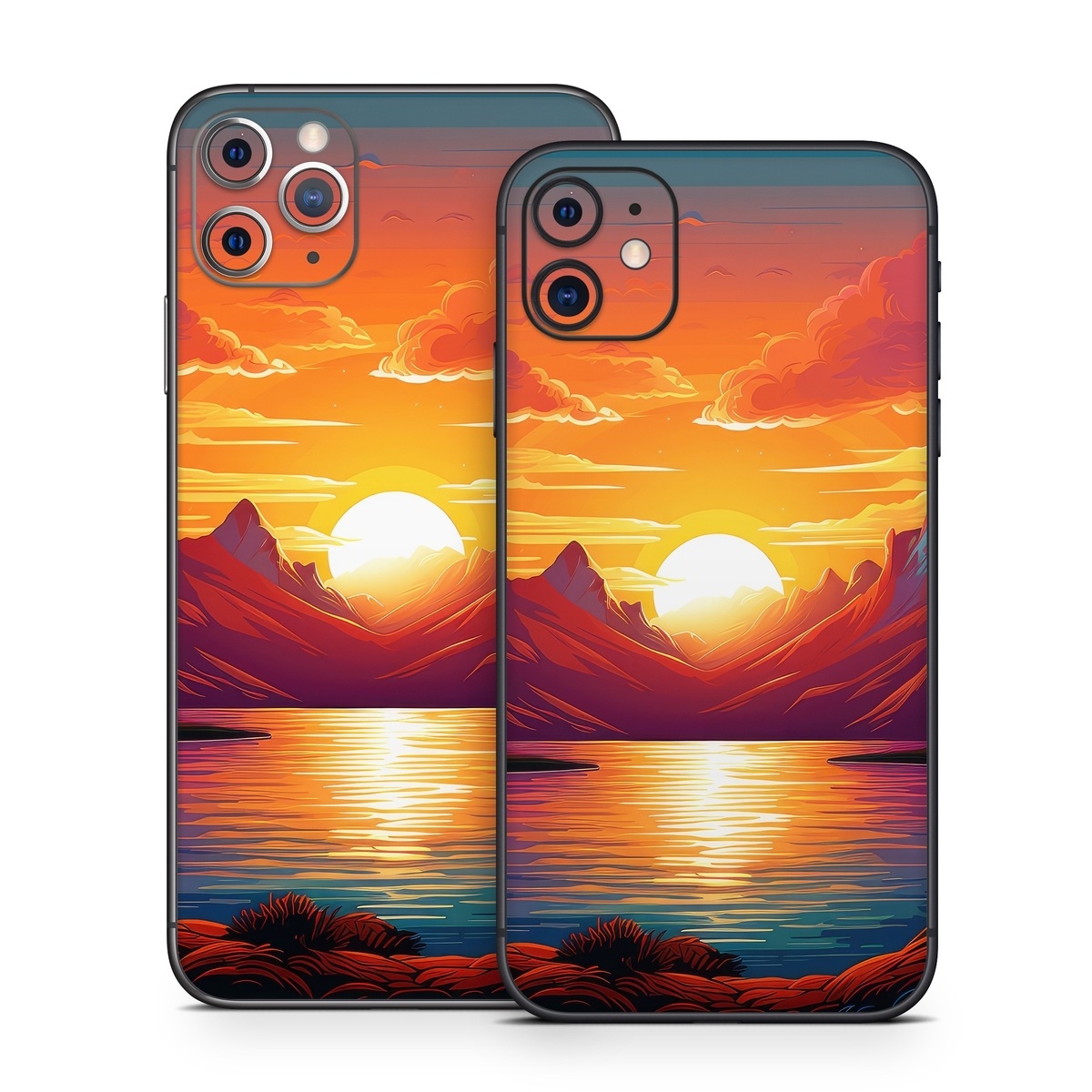iPhone 11 Series Skin design of Water, Cloud, Sky, Ecoregion, Afterglow, Light, World, Nature, Natural landscape, Mountain, with red, orange, yellow, blue, purple colors