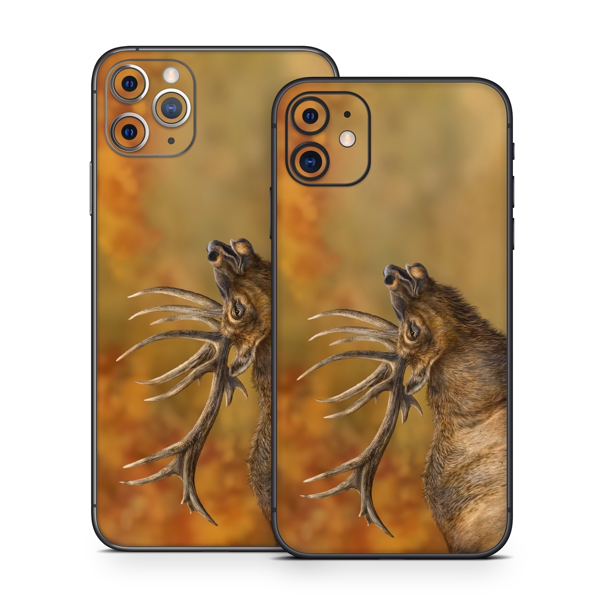 iPhone 11 Series Skin design of Head, Deer, Natural material, Barren ground Caribou, Fawn, Terrestrial animal, Horn, Elk, Snout, Reindeer, with brown, black, orange, yellow, gray colors