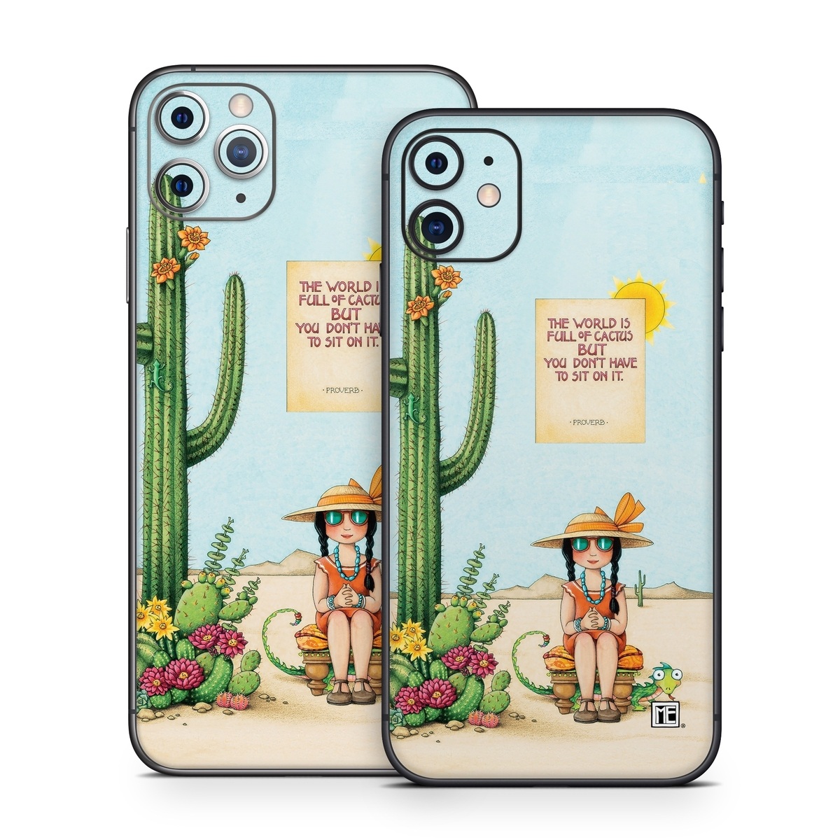 iPhone 11 Series Skin design of Cartoon, Cactus, Illustration, Animated cartoon, Plant, Vegetable, Fictional character, Art, with green, yellow, pink, orange, brown colors